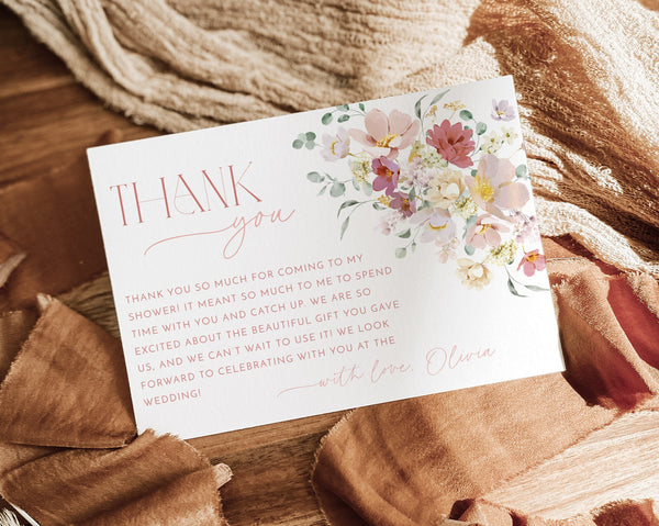 Floral Thank You Card Template, Printable Thank You Card Instant Download Thank You Card, Bridal Shower Thank You, Pink Flower Thank You