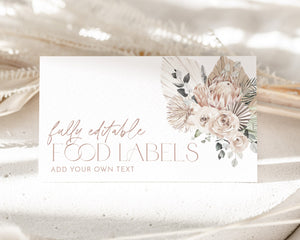 Boho Bridal Shower Food Labels, Food Label Card, Food Tent Cards, Food Tags, Food Labels, Folded Food Cards, Tented, Boho Protea Food Labels