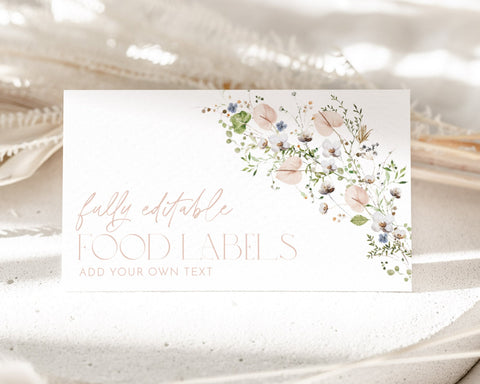 Floral Bridal Shower Food Labels, Food Label Card, Food Tent Cards, Food Tags, Food Labels, Folded Food Cards, Tented, Wildflower Food Label