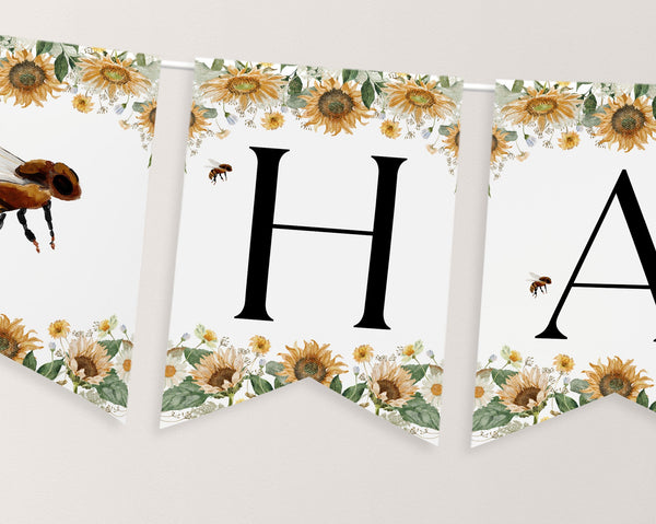 Bee Birthday Banner, Happy Bee Day Banner Printable, Happy 1st Birthday Banner, Bee First Birthday Decor Sunflower Bunting Flags, Bee Day