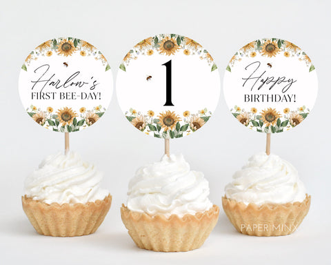 First Bee Day Cupcake Toppers, Printable Cupcake Topper, Sunflower Cupcake Topper, Bee 1st Birthday Editable Cupcake Toppers, Bee Birthday