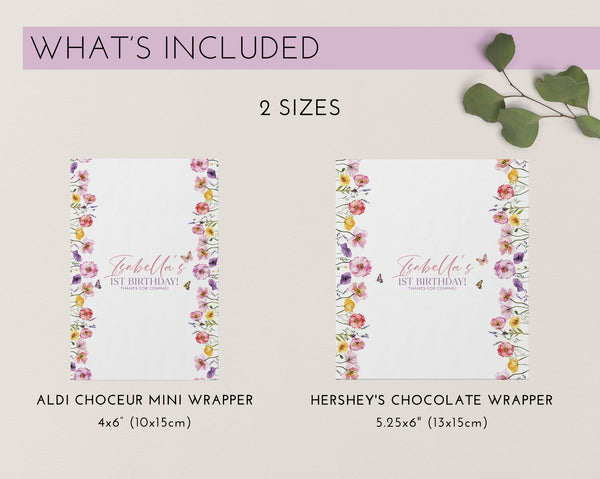 Wildflower Chocolate Bar Wrapper Template, Printable Candy Bar Wrapper, Wildflower 1st Birthday Chocolate Labels, Butterfly Birthday Favors