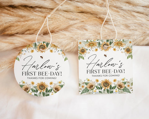 Bee Favor Tags, Editable Tags, Printable First Bee Day Favor Tags, Bee Stickers, Sunflower Favour Tag, Gift Tags, Favor Labels, 1st Bee Day