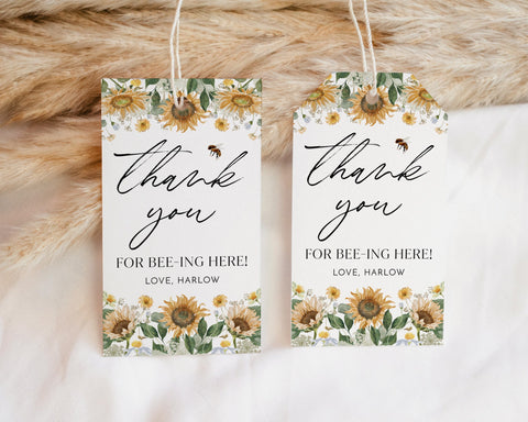 Bee Favor Tag, Sunflower Birthday Thank You Tag, Birthday Favor Tag, Editable Favor Tag, Printable Gift Tag, Sunflower 1st Bee Day Favor Tag