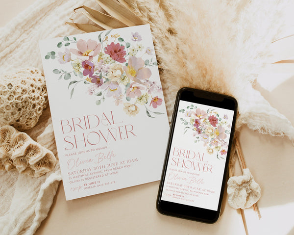Floral Bridal Shower Invitation, Wildflowers, Purple Pink Flower Invitation, Poppy Flowers, Bridal Brunch Invitation, Modern Bridal Invite