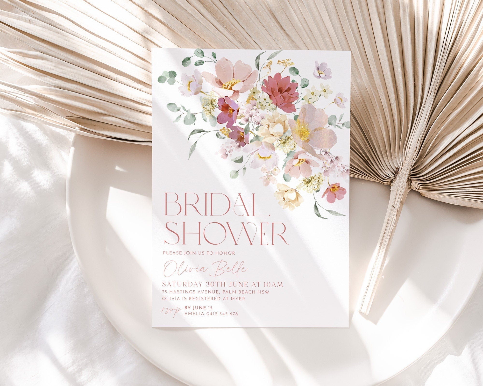 Floral Bridal Shower Invitation, Wildflowers, Purple Pink Flower Invitation, Poppy Flowers, Bridal Brunch Invitation, Modern Bridal Invite