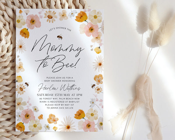 Mommy to Bee Invitation, Bee Baby Shower Invite, Mom to Bee, Baby Brunch, Floral Bee Invitation, Bee Baby Shower Invitation Template Floral