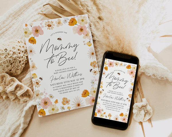 Mommy to Bee Invitation, Bee Baby Shower Invite, Mom to Bee, Baby Brunch, Floral Bee Invitation, Bee Baby Shower Invitation Template Floral