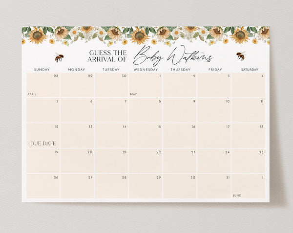 Baby Shower Due Date Calendar, Birth Date Sign, Baby Arrival Sign Printable, Sunflower Baby Shower, Bee Baby Shower Due Date Sign Floral