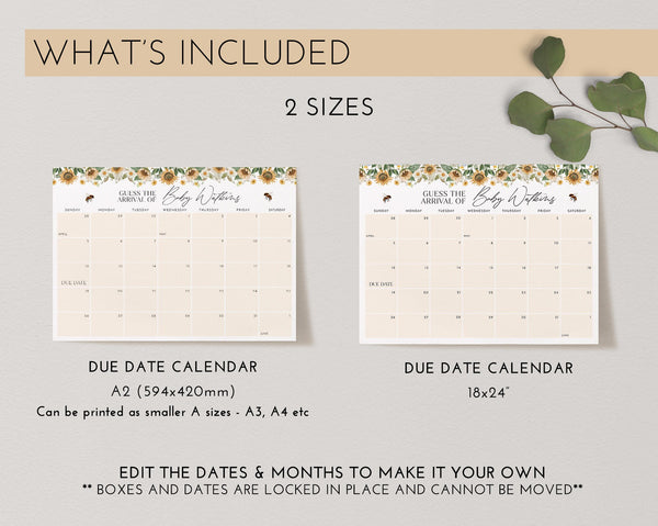 Baby Shower Due Date Calendar, Birth Date Sign, Baby Arrival Sign Printable, Sunflower Baby Shower, Bee Baby Shower Due Date Sign Floral