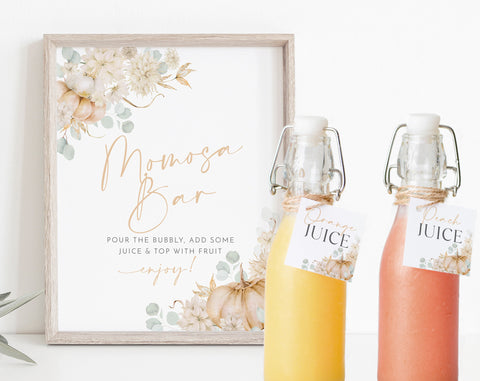 Pumpkin Mimosa Bar Sign, Momosa Bar Sign, Mumosa Bar Sign, Juice Labels, Mimosa Juice Tags, Fall Baby Shower Sign, Pumpkin Baby Shower Sign