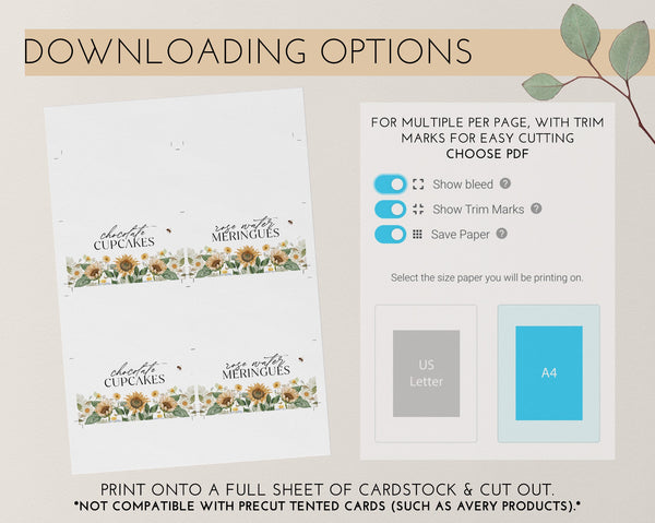 Sunflower Baby Shower Food Labels, Food Tent Cards, Folded Food Cards, Bee Baby Shower Food Card, Mommy to Bee, Sunflower and Bee Food Label