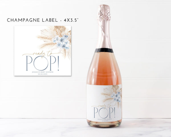 Boho Baby Shower Champagne Labels, Printable Wine Labels, Mini Champagne Labels, Ready to Pop Labels, Blue Floral Boho Champagne Labels Baby