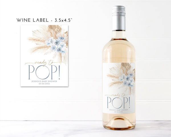 Boho Baby Shower Champagne Labels, Printable Wine Labels, Mini Champagne Labels, Ready to Pop Labels, Blue Floral Boho Champagne Labels Baby