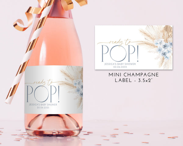 Boho Baby Shower Champagne Labels, Printable Wine Labels, Mini Champagne Labels, Ready to Pop Labels, Blue Floral Boho Champagne Labels Baby