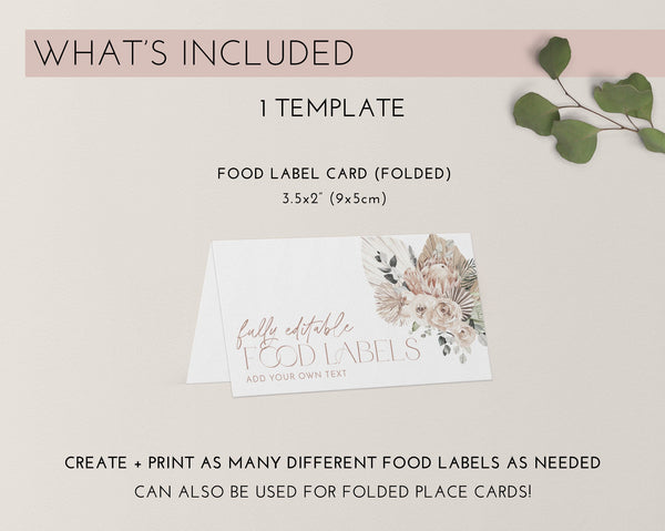 Boho Bridal Shower Food Labels, Food Label Card, Food Tent Cards, Food Tags, Food Labels, Folded Food Cards, Tented, Boho Protea Food Labels