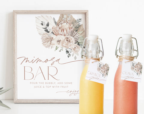 Mimosa Bar Sign, Boho Protea Mimosa Sign, Bridal Shower Mimosa Bar Sign, Juice Labels, Mimosa and Juice Labels, Boho Floral Mimosa Bar Sign