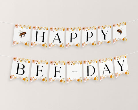 Bee Birthday Banner, Happy Bee Day Banner Printable, Happy 1st Birthday Banner, Bee First Birthday Decor, First Bee Day Bunting Banner Flag