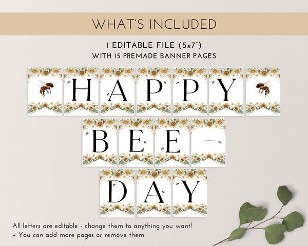 Bee Birthday Banner, Happy Bee Day Banner Printable, Happy 1st Birthday Banner, Bee First Birthday Decor Sunflower Bunting Flags, Bee Day