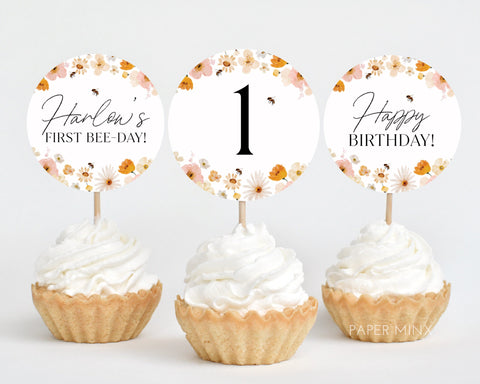 First Bee Day Cupcake Toppers, Printable Cupcake Topper, Bee Cupcake Topper, Bee 1st Birthday Editable Cupcake Toppers, Girls 1st Birthday