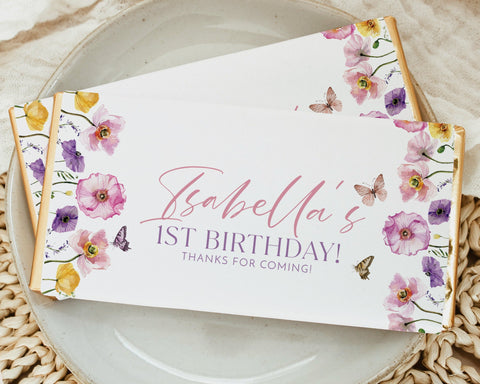 Wildflower Chocolate Bar Wrapper Template, Printable Candy Bar Wrapper, Wildflower 1st Birthday Chocolate Labels, Butterfly Birthday Favors