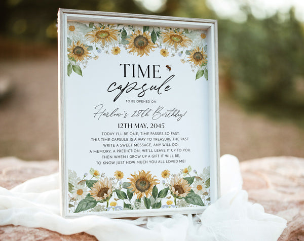 Bee Time Capsule, Sunflower 1st Birthday Time Capsule Sign, Birthday Time Capsule Template, Girl 1st Birthday Time Capsule Printable Bee Day