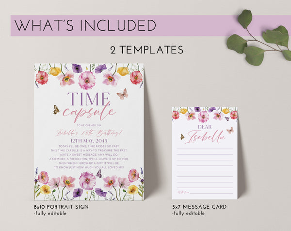 Wildflower Time Capsule, Floral 1st Birthday Time Capsule Sign, Birthday Time Capsule Template, Girl 1st Birthday Time Capsule Printable