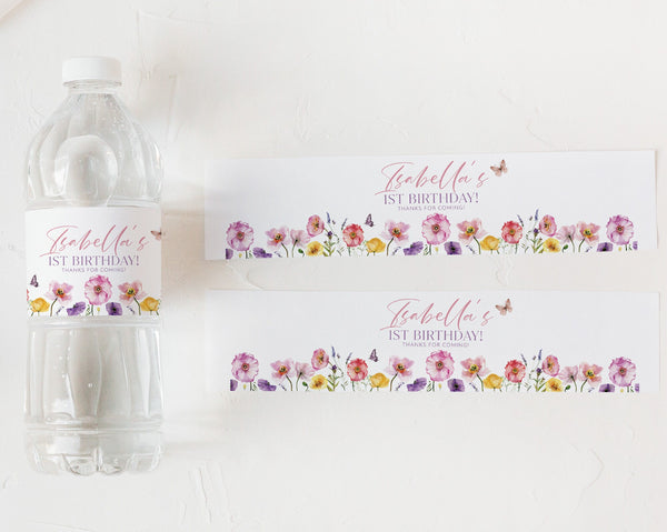 Wildflower Water Bottle Labels, Wildflower Water Labels, Printable Water Bottle Label, Floral Butterfly First Birthday Water Labels, Flowers