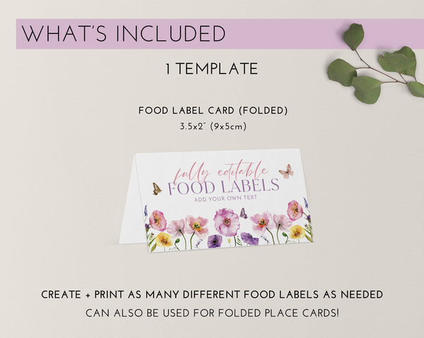 Wildflower Food Labels, Food Label Card, Food Tent Card, Wildflower Birthday Food Tags, Folded Food Cards, Tented Food Labels, Food Cards