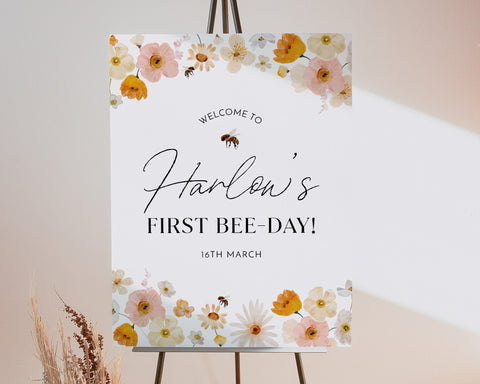 Bee 1st Birthday Welcome Sign, Bee Welcome Sign, Baby First Birthday, Girls 1st Birthday Sign, Bee 1st Birthday Welcome, 1st Bee Day Floral