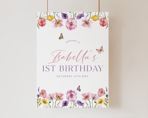 Wildflower 1st Birthday Welcome Sign, Wildflower Welcome Sign, Baby First Birthday, Girls 1st Birthday Sign Floral, 1st Birthday Butterfly