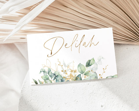 Greenery Place Card Template, Printable Place Cards, Bridal Shower Place Cards, Greenery and Gold Place Cards, Bridal Escort Cards Gold