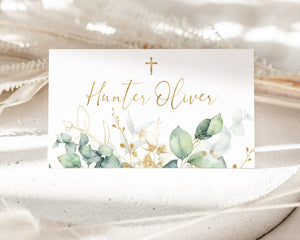 Greenery Christening Place Card Template, Printable Place Cards, Baptism Place Cards, Gold Place Cards, Greenery Escort Cards Baptism Gold