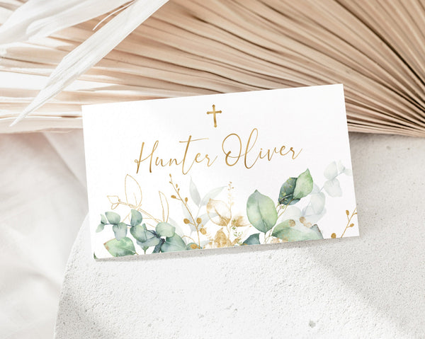 Greenery Christening Place Card Template, Printable Place Cards, Baptism Place Cards, Gold Place Cards, Greenery Escort Cards Baptism Gold