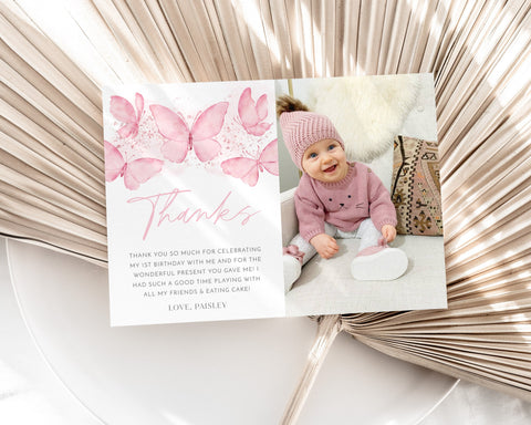 Birthday Thank You Card, Pink Butterfly Thank you, 1st Birthday Girl Butterfly Birthday Card, Thank You Girl Birthday, Butterfly Party Decor