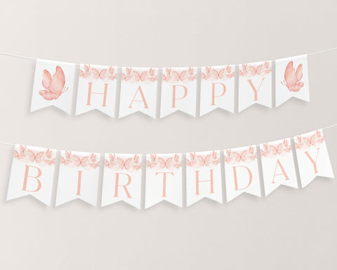 Butterfly Birthday Banner, Happy Birthday Banner Printable, 1st Birthday Decor Peach Butterfly Birthday Banner Editable, Happy Birthday Pink