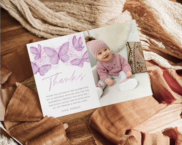 Birthday Thank You Card, Purple Butterfly Thank you, 1st Birthday Girl Butterfly Birthday Card, Thank You Birthday Butterfly Party Decor