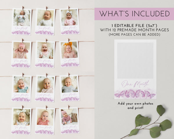 Butterfly First Year Photos, Butterfly Birthday Milestone Photos, Baby's First Year Month Photos, Monthly Photo Banner, Girls Photo Banner