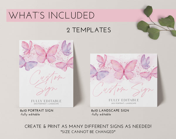 Butterfly Editable Sign, Custom 8x10 Sign, Sign 8x10, Custom Text Sign, Landscape Portrait Sign, Printable Signs Butterfly Birthday Decor