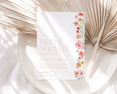 Floral Bridal Shower Invitation, Wildflowers, Pink Flower Invitation, Poppy Flowers, Bridal Brunch Invitation, Modern Bridal Invite, Peach