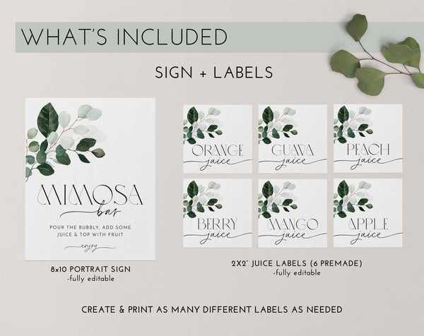 Mimosa Bar Sign, Greenery Mimosa Bar Sign, Bridal Shower Mimosa Bar Sign, Eucalyptus Leaf Mimosa Sign, Juice Labels, Mimosa and Juice Labels