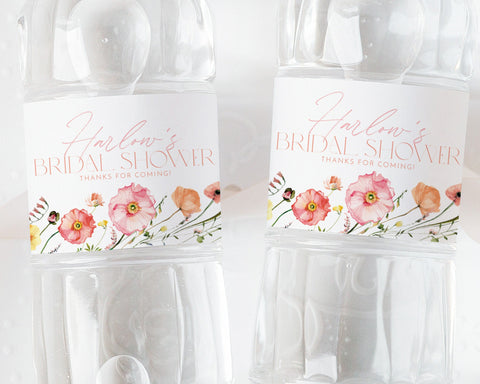 Floral Water Bottle Label, Bridal Shower Water Label, Printable Water Bottle Label, Pink Wildflower Bridal Shower Water Label Stickers