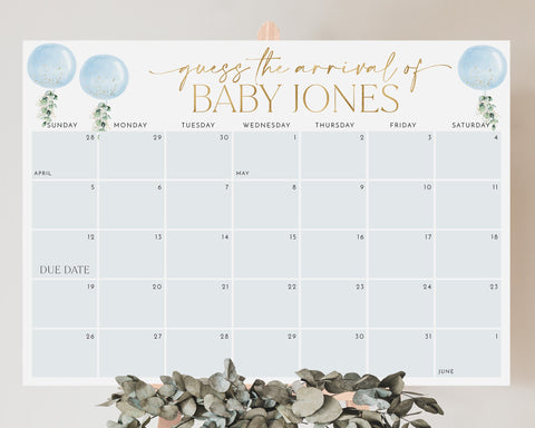 Baby Shower Due Date Calendar Boy, Blue Baby Birth Date Sign, Guess the Arrival Date Sign, Due Date Sign, Editable Printable Baby Shower