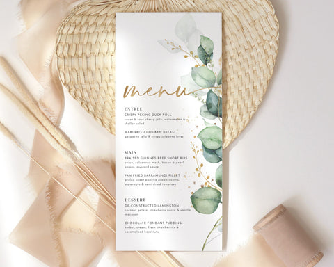 Greenery Menu Template, Printable Bridal Shower Menu, Greenery Gold Menu, Editable Menu, Greenery Bridal Shower Menu Template, Eucalyptus