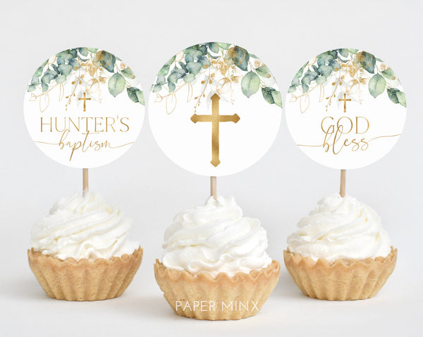Baptism Cupcake Toppers, Christening Cupcake Toppers, Printable Greenery Cupcake Topper, Editable Cupcake, Greenery Baptism Decor Gold