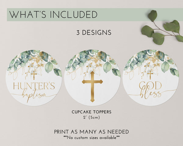 Baptism Cupcake Toppers, Christening Cupcake Toppers, Printable Greenery Cupcake Topper, Editable Cupcake, Greenery Baptism Decor Gold