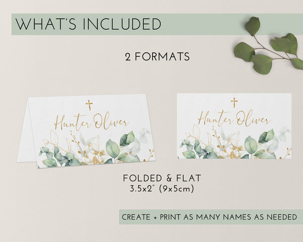 Greenery Christening Place Card Template, Printable Place Cards, Baptism Place Cards, Gold Place Cards, Greenery Escort Cards Baptism Gold