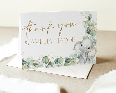 Thank You Card Template, Printable Thank You Card, Baby Shower Thank You Card Editable Template, Elephant Baby Shower Thank You Card, Leaves