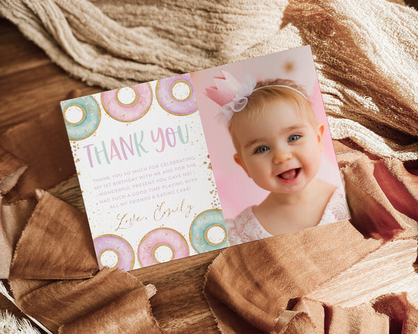 Donut Thank You Card Template, Printable Thank You Card, Donut Birthday Thank You Card Editable Template, Donut Party Thank You Card Pink