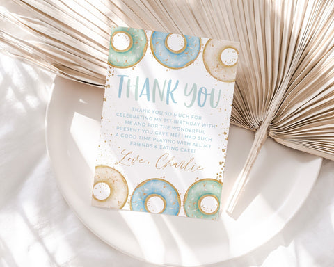 Donut Thank You Card Template, Printable Thank You Card, Donut Birthday Thank You Card Editable Template, Donut Party Thank You Card Blue